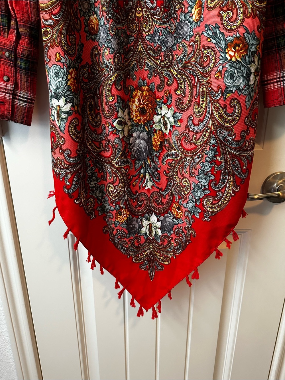 Anthropologie Aratta Silent Journey Red Paisley Plaid Scarf Mixed-Print Shirt S - Picture 9 of 13